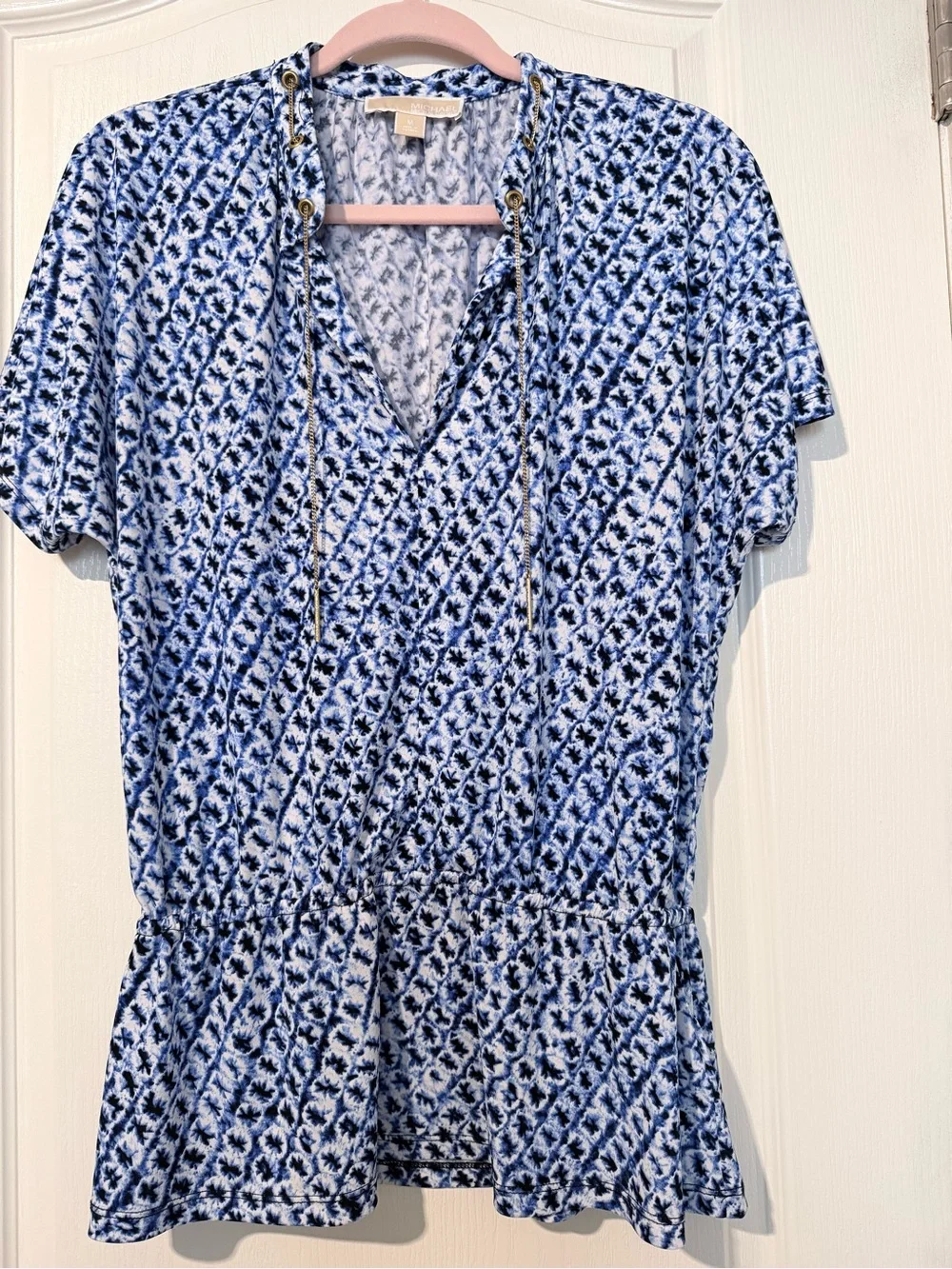 Michael Kors Blue and Navy Patterned Short-Sleeve Peplum Dress